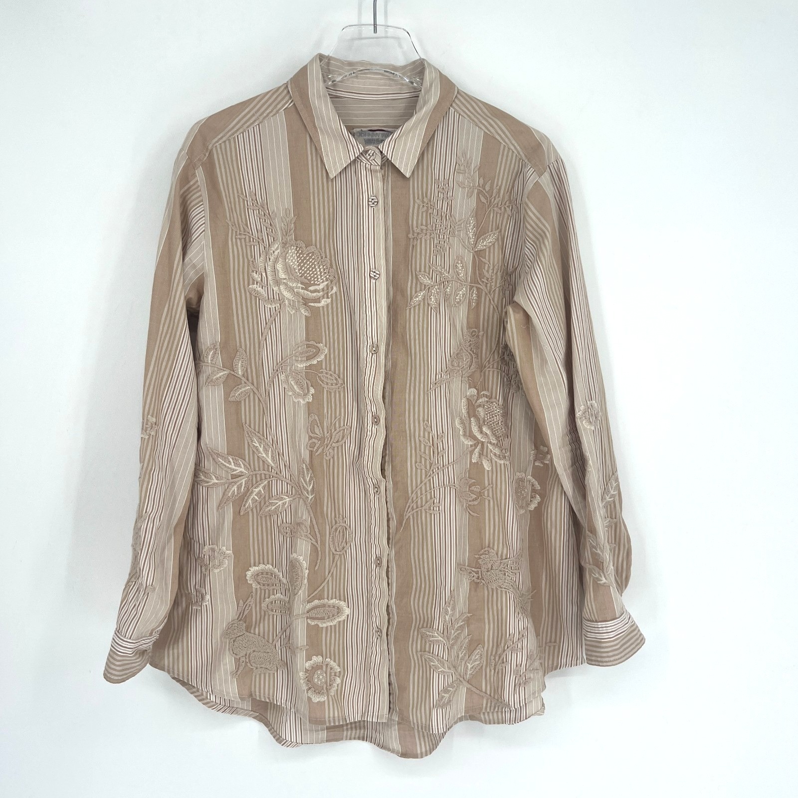 Johnny Was Top Womens M Brown Embroidered Floral Butterfly Brown Striped Harlon